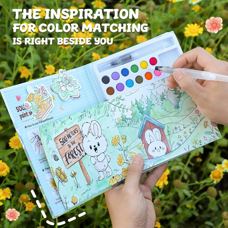 Children's Watercolor Coloring Set with 12-Color Pigment Color Blocks and Dip Pens