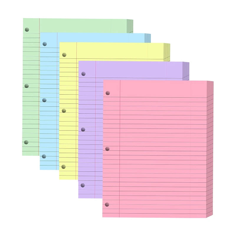 3-Hole Loose-Leaf Paper, Colorful Office 3-Ring Binder Filling Paper, Horizontal Line Inner Pages Suitable for School and Office, Size 8x10.5inch, Five Colors